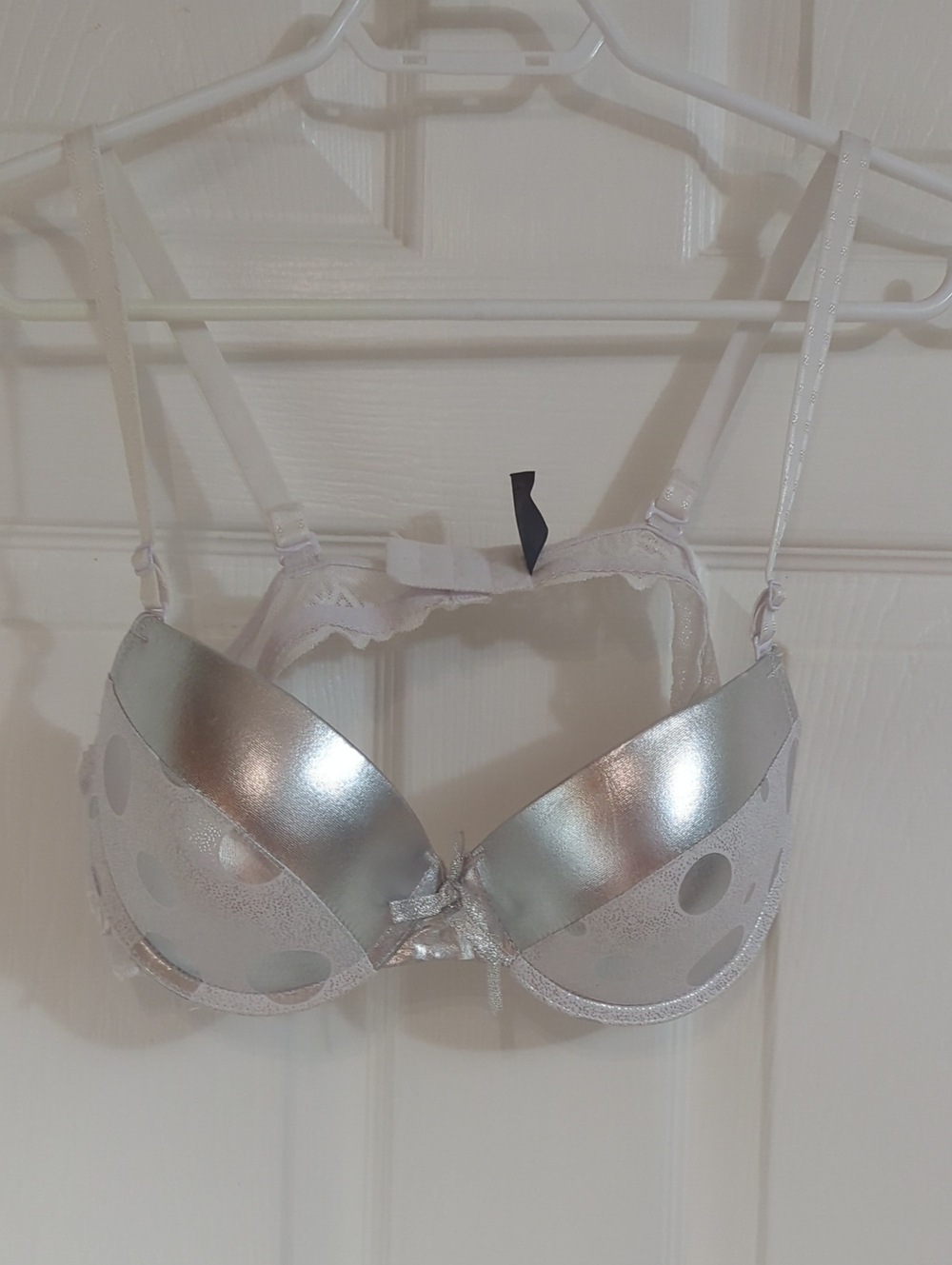 Silver Shiny Push-Up Bra with Polka Dot Accents